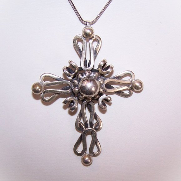 Silver Metal Stylized Cross Pendant on 16" Snake Chain - Religious Necklace - Picture 2 of 7